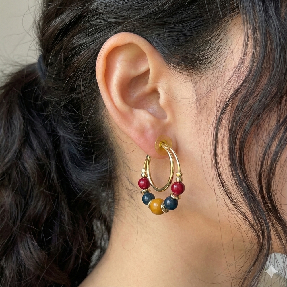 Gold Tone Beaded Hoop Earrings Retro Boho Style